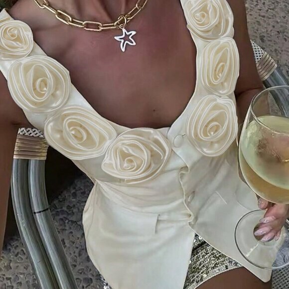 Women's Elegant 3d Floral Decor Front Button down Sexy Top - Picture 2 of 8